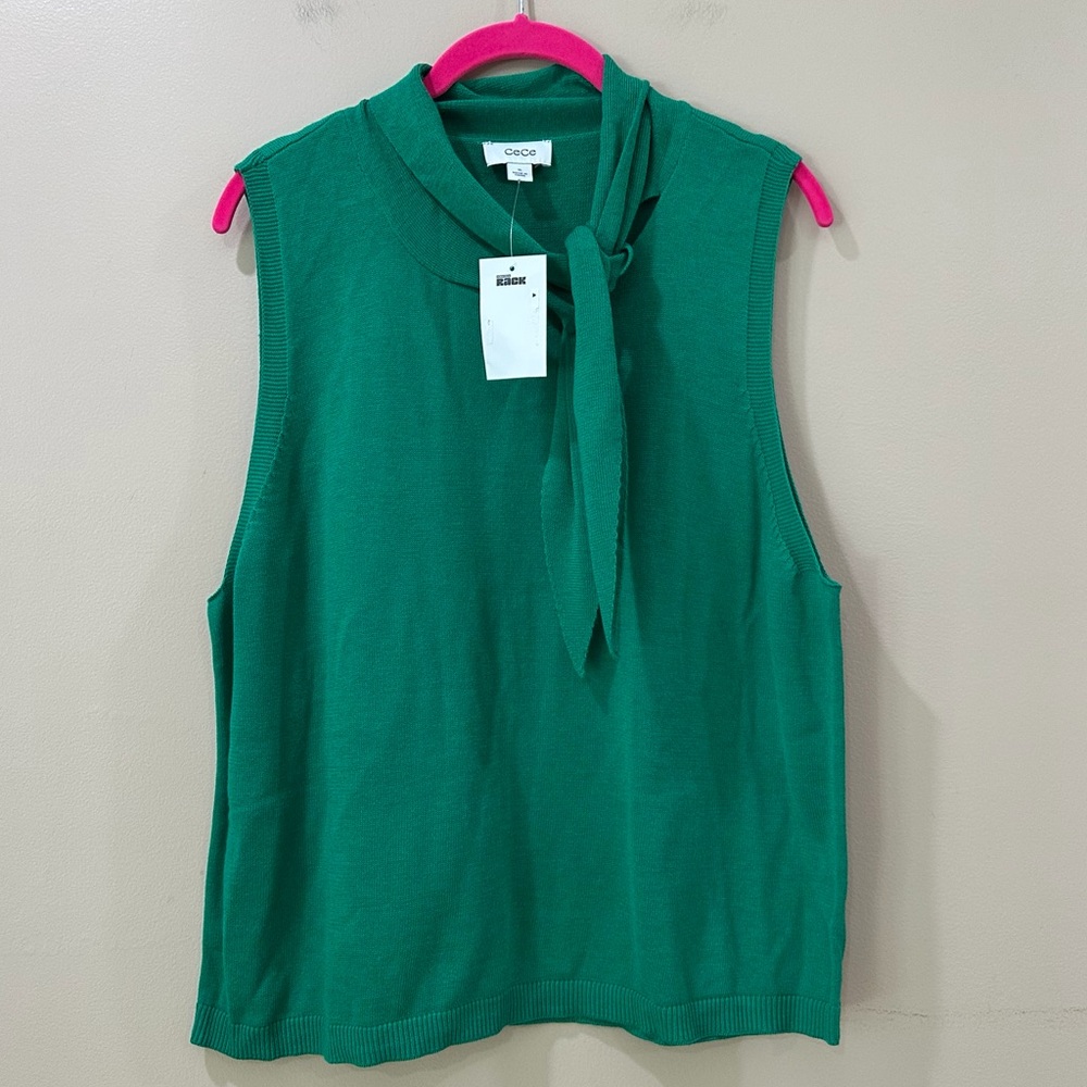 NWT CeCe Green Tie Neck Sweater Tank Top Sleeveless Ribbed Knit Women XL